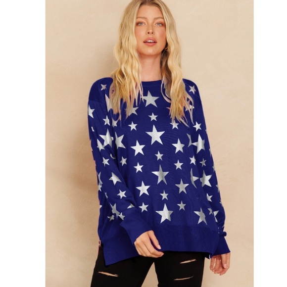 "The Taylor" Navy Foil Star Printed Sweater - Picture 1 of 2